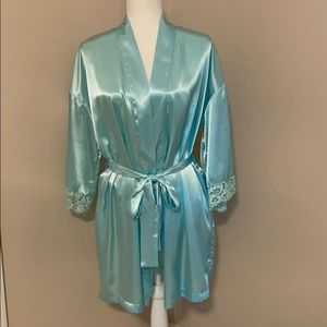 Victoria’s Secret Vintage Blue Satin Short Robe with Lace, NWOT